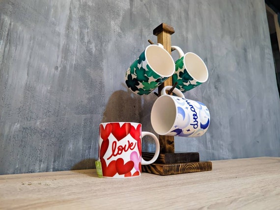 Vintage Wooden Tree Shape Tea Cup Holder, Rustic Mug Tree Rack, 4