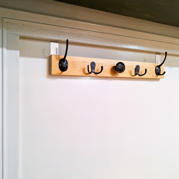 Vintage wooden over door coat rack, Over the door hanging coat hooks , Unique handmade over door hanger.