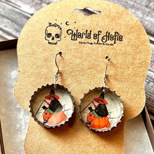 1&quot; Vintage Halloween Girl witch sitting on pumpkin up cycled bottle cap earrings, Halloween gifts, up cycled jewelry, halloween earrings
