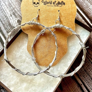 Large 3&quot; Ultra Lightweight Silver Barbed wire hand wrapped metal goth earrings, barbed wire earrings, Statement earrings, hand made gifts,