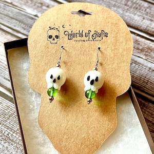 Spooky Halloween glass ghost and green bead earrings, halloween gifts, ghost jewelry, sterling silver plated earring hook
