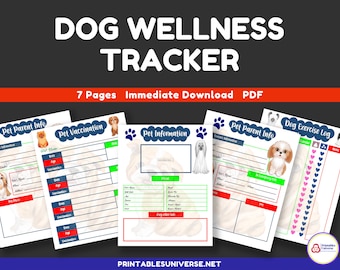 Printable 7-page pet wellness trackers and log sheets for recording your pet dog’s important information. instant download
