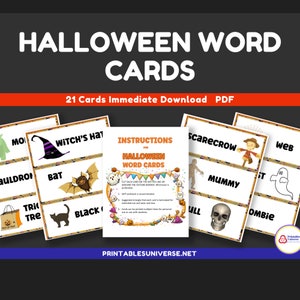 Karty ze słowami na Halloween/kolorowe słowa o tematyce Halloween z towarzyszącymi obrazkami/do wykorzystania w klasie lub w nauczaniu domowym/pisownia pisma odręcznego