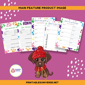 May include: Four printable pages with paw print designs and text that reads "Year By Year", "Your First Year", "Your Second Year", "You're our pride", "You're our greatest gift", and "You're our everything". The pages are for tracking a puppy's first two years. An illustration of a brown puppy wearing a red hat and scarf is in the foreground.