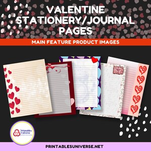 May include: Four printable Valentine's Day stationery or journal pages with different designs. One page has a red heart border, one has a blue and yellow heart border, one has a pink and white floral border, and one has a red heart border with a pink background.
