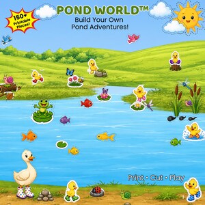 Op de afbeelding: Een printbare Pond World activiteitenset met een blauwe vijverscène met groene heuvels, een gele zon en wolken. Bevat meer dan 150 printbare stukken zoals een witte eend, kikkers, vissen, slakken, insecten en bloemen met de tekst Pond World Build Your Own Pond Adventures! Print Cut Play.