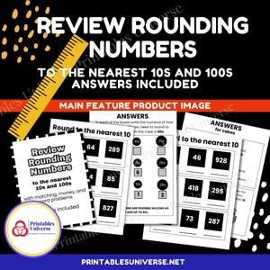 May include: Black and white printable worksheet with the title "Review Rounding Numbers" and instructions to round to the nearest 10s and 100s. The worksheet includes multiple boxes with numbers to round and answer spaces.