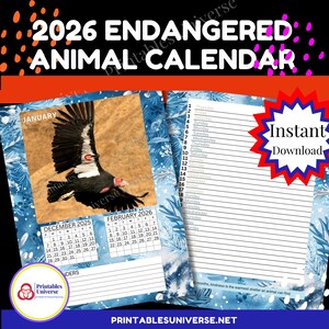 Puede incluir: Calendario de Animales en Peligro de Extinción 2026 con una imagen de cóndor para enero. El calendario presenta un diseño floral azul y blanco, con el texto "Descarga instantánea" y la web "PRINTABLESUNIVERSE.NET".