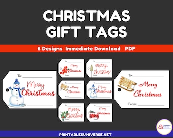 Set of 6 landscape Printable Christmas Gift Tags, Xmas tag, Christmas labels Instant Download PDF  PNG