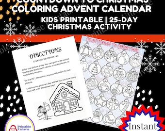 May include: A black and white printable Christmas coloring advent calendar for kids. The calendar features 25 ornaments to color, along with instructions and a house illustration. The words "Countdown to Christmas" are at the top.