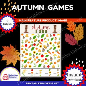 May include: A printable "Autumn I See" game with 9 pages. The game features a colorful illustration of autumn leaves and a hidden picture activity with a list of items to find. The text "Instant Download" is visible in the bottom right corner.