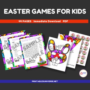 May include: A set of printable Easter games for kids. The games include a word search, a find the difference game, a bunny mask, and a set of bunny stickers. The games are colorful and fun for kids of all ages.