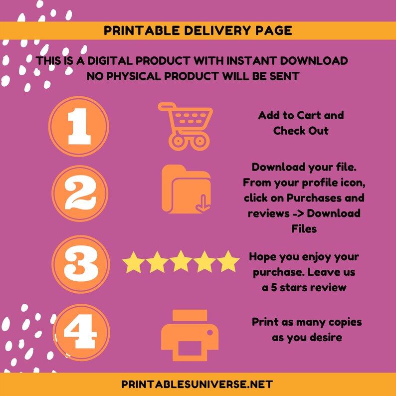 May include: A pink and orange printable delivery page with instructions on how to download and print a digital product. The page includes a shopping cart, a folder with a download arrow, five stars, and a printer icon.