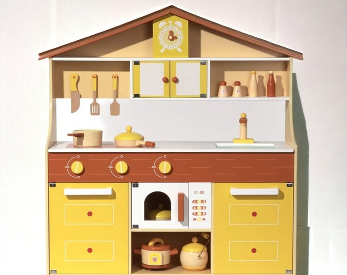 Wood Kitchen Play Set, Kids Pretend Play Kitchen with Accessories, Toddler Kitchen Playstand, Cooking Chef Toys
