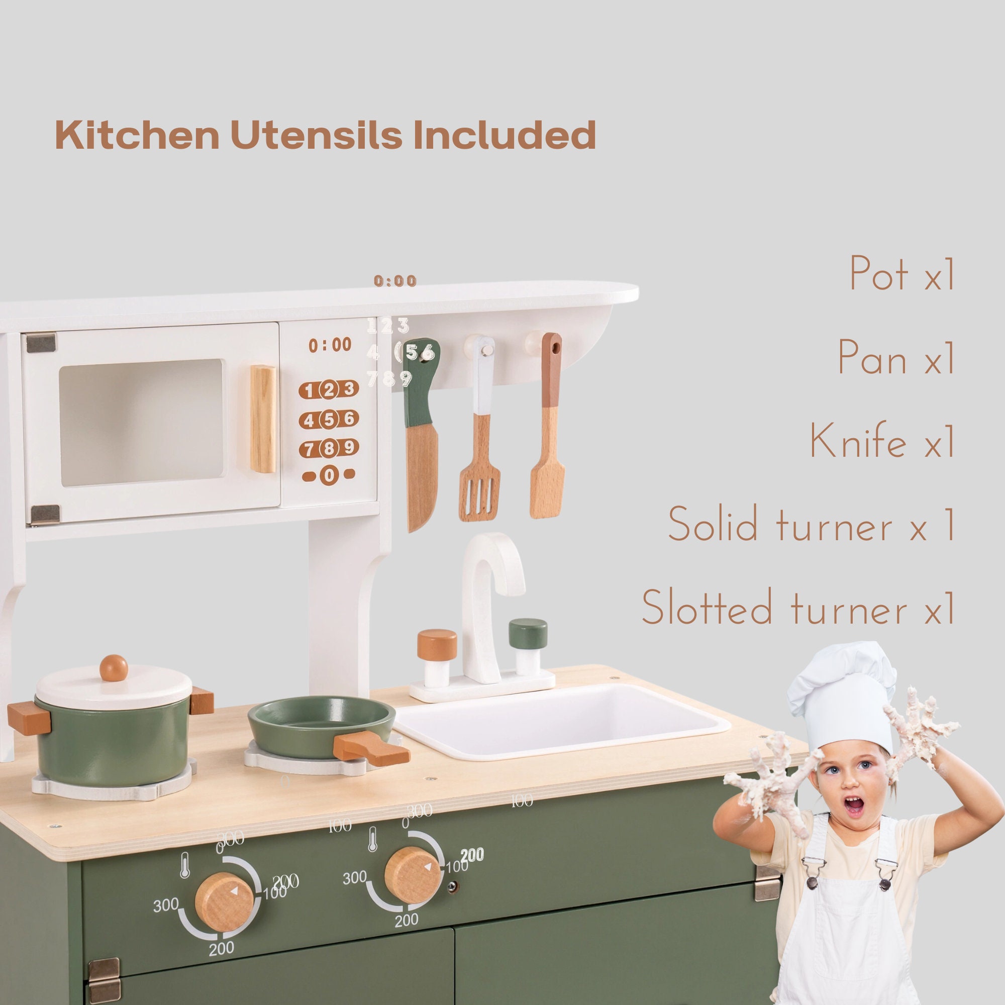 Kids Pretend Play Kitchen, Wood Kitchen Playstand, Toddler Play Kitchen