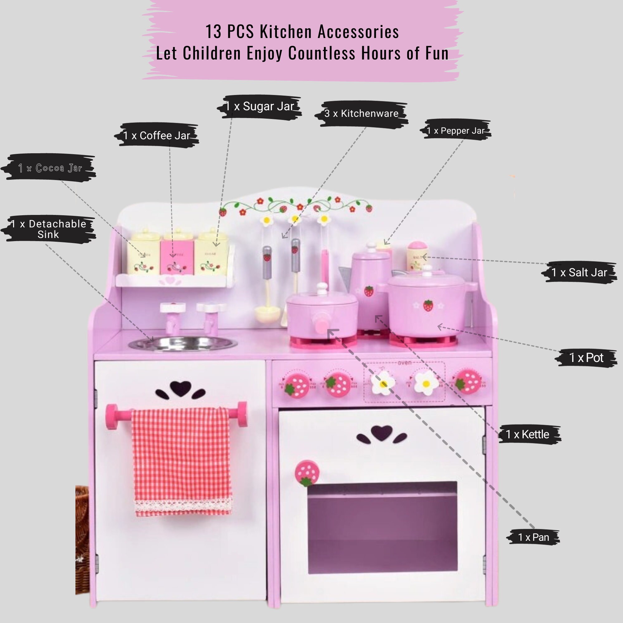 Pretend Play Kitchen, Wood Kids Kitchen Playstand With 13 Kitchen Toys