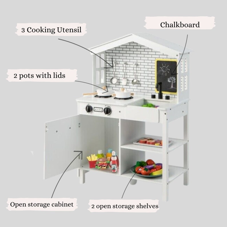 Kids Pretend Play Kitchen, Wood Farmhouse Kitchen Playstand With ...