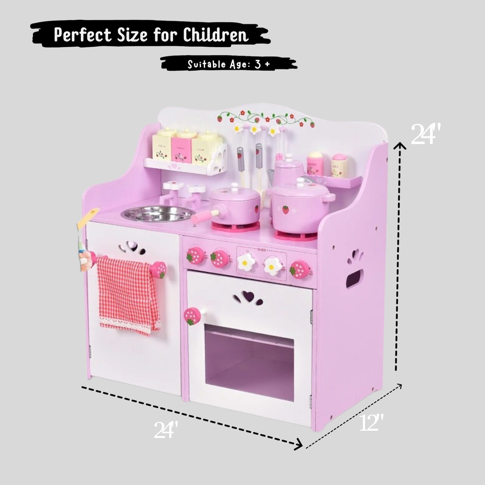Pretend Play Kitchen, Wood Kids Kitchen Playstand With 13 Kitchen Toys