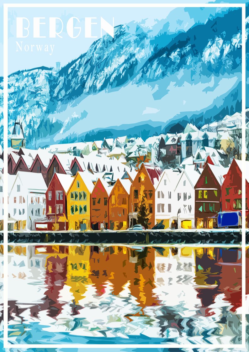 Norway Bergen Vintage Poster Artwork Picture Holiday Gift Home | Etsy