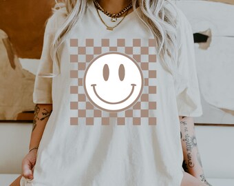 Checkered Smile Face Shirt, Y2K Graphic Tee, Retro Shirt For Women, Smile Face, Preppy Aesthetic, Retro Happy Face, Checkered Smile Face