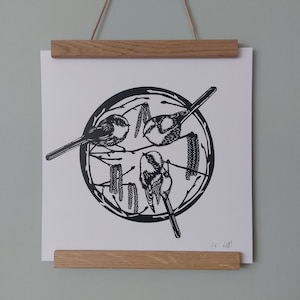 Art Print 'Long-tailed mezen & katjes', Papercut illustratie, Vierkant 10" x 10" inch, gerecycleerde 300gsm kaart, vogels, natuur, bomen, dieren in het wild, folk