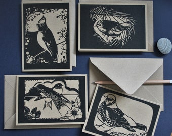 Paquete de 4 tarjetas de felicitación mixtas 'Vuelo de pájaros', ilustración Papercut, tarjeta kraft reciclada, tinta ecológica, naturaleza, vida silvestre, sin plástico