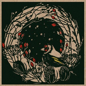 8 tarjetas de felicitación festivas 'Goldfinch & Teasel', ilustración recortada en papel, tarjeta kraft reciclada, tinta ecológica vegana, naturaleza, pájaros, vida salvaje, arte popular
