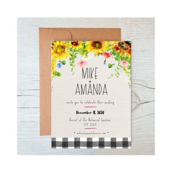 Sunflower + Buffalo Pattern Wedding Invitation (Editable, Digital Download)