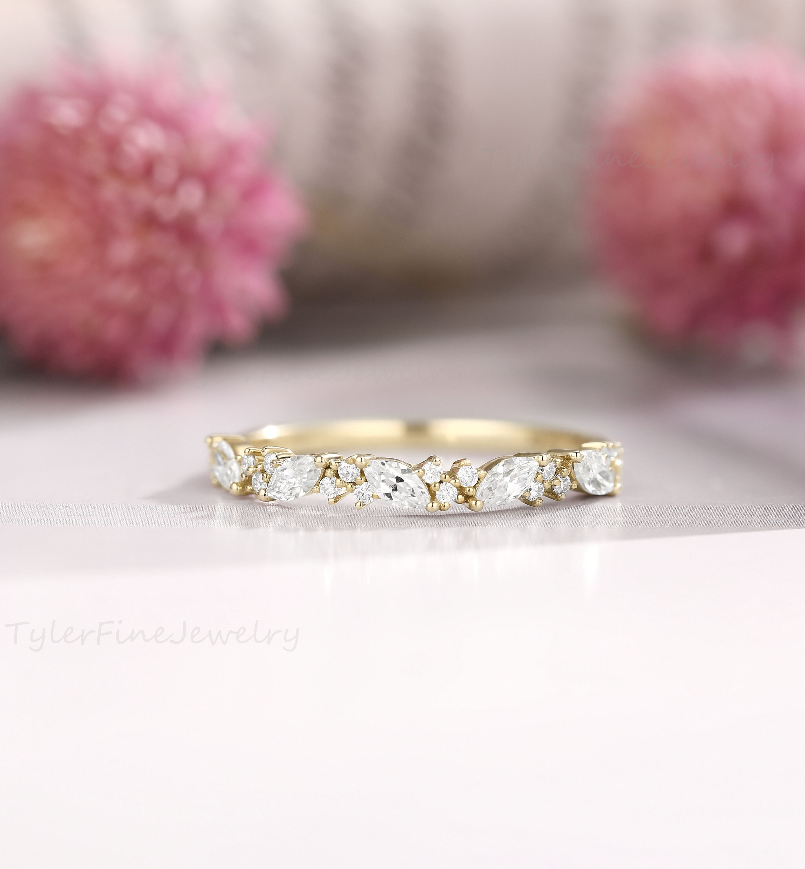 Unique Yellow gold Wedding Band Marquise Moissanite Wedding Ring vintage women Half eternity Matching Stacking Bridal Promise band