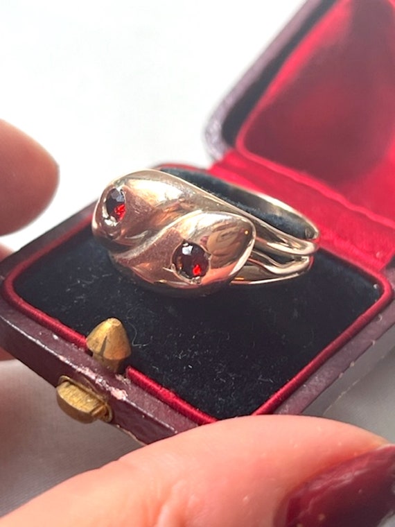 Victorian 9k Yellow Gold & Garnets Snake Ring - image 4