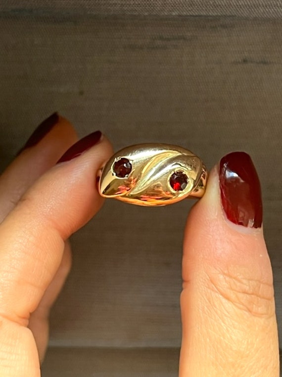 Victorian 9k Yellow Gold & Garnets Snake Ring - image 3