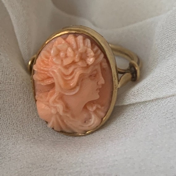 Victorian Coral Cameo Ring 14K Gold