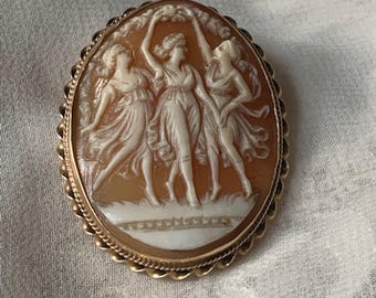 Stunning 14K Gold Three Graces Cameo Pendant/Brooch