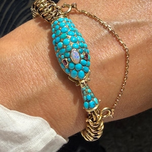 Antique 18k gold turquoise, opal & ruby snake bracelet