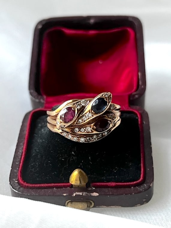 Antique 18k Gold, Ruby, Sapphire & Diamonds Three… - image 2