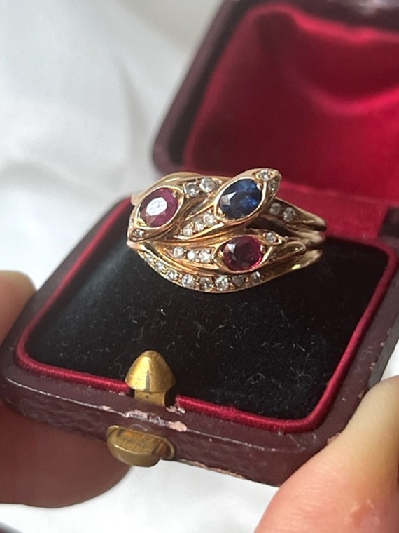 Antique 18k Gold, Ruby, Sapphire & Diamonds Three… - image 4