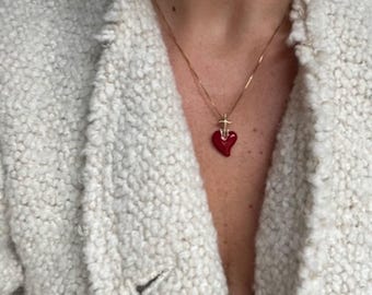 Italian Gold and Red Enamel Heart Pendant