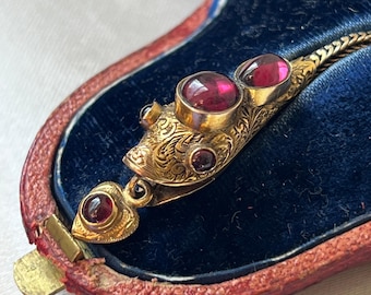 English Victorian 15k Gold Snake Necklace with Cabochon Garnet