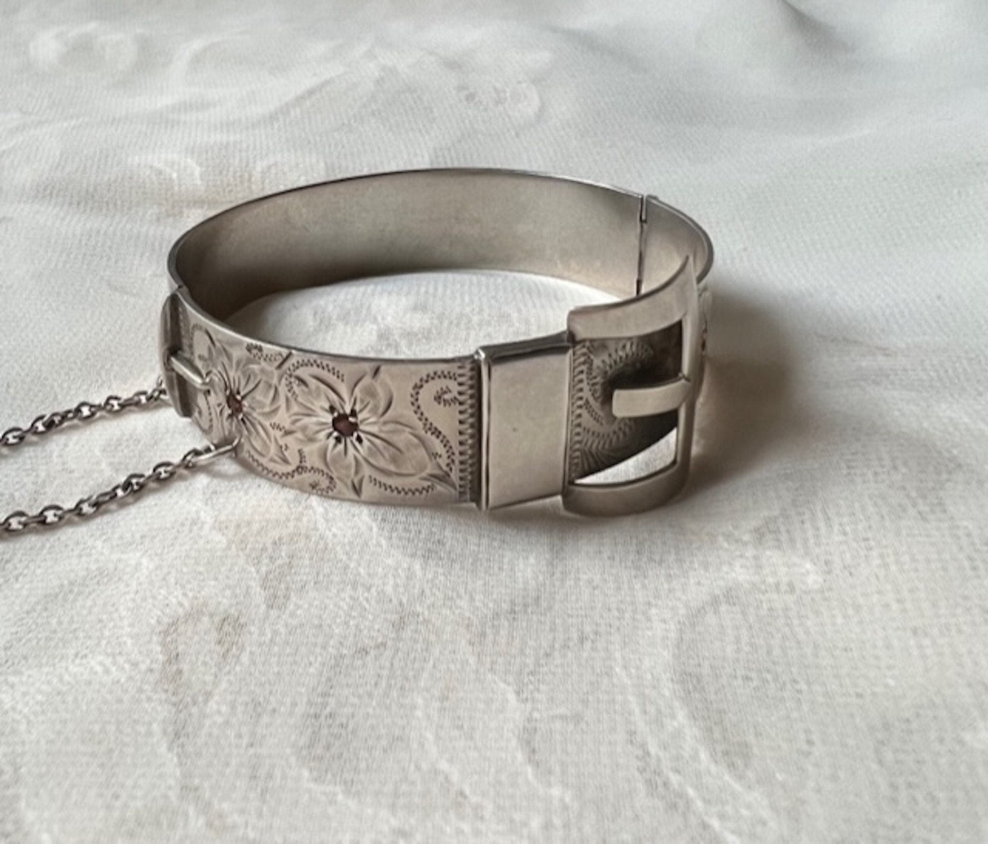 Antique Victorian Wide Silver Engraved Buckle Bangle Bracelet - Ruby Lane