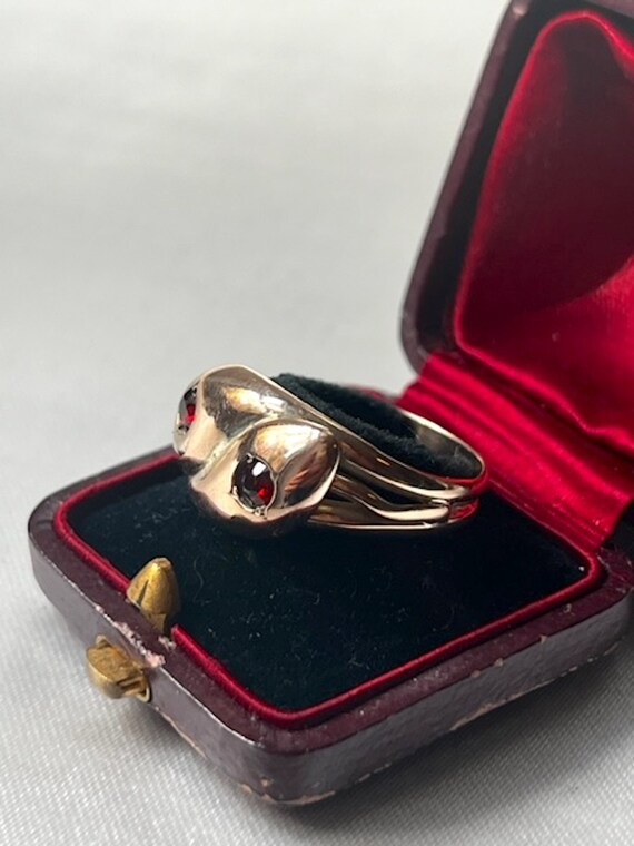 Victorian 9k Yellow Gold & Garnets Snake Ring - image 2