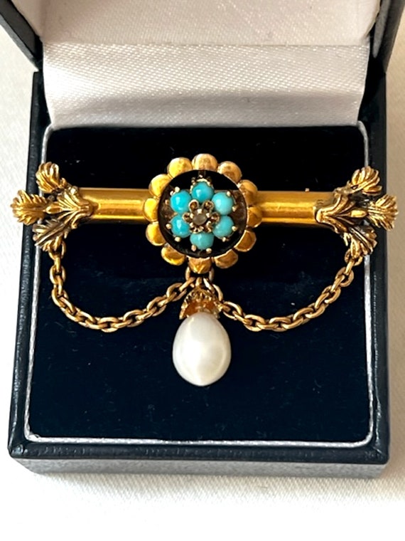 Antique 14k Gold, Turquoise and Pearl Pin
