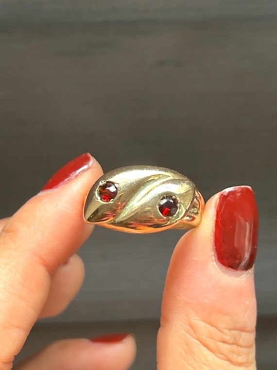 Victorian 9k Yellow Gold & Garnets Snake Ring - image 1