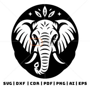 May include: A monochrome graphic of an elephant's head, set within a circular frame. The elephant is depicted with large ears and a detailed trunk. Text at the bottom indicates file formats: SVG, DXF, CDR, PDF, PNG, AI, and EPS.