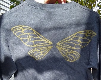 Golden Fairy Wings Crewneck Sweatshirt hand-printed hand-carved stamp linocut block print butterfly dragonfly wings moon stars