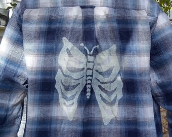 Glow in the Dark Skeleton Moth Flannel Shirt hand-printed hand-carved stamp linocut block print ribcage butterfly bones