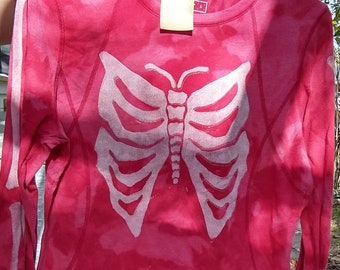 Glow in the Dark Skeleton Moth Long Sleeve Shirt hand-printed hand-carved stamp linocut block print ribcage butterfly bones
