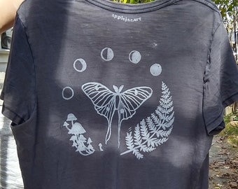 Luna Moth Mushroom Fern Moon Phases V-Neck Top hand-carved stamp linocut block print T-shirt