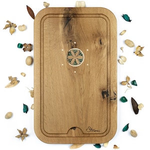 XXL Handmade Cutting Board with Gemstones, Durable Solid Kitchen Board, Cheese Board, Decorative Board, Oak Wood & Malachite Gemstone