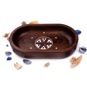 Handmade Large Oval Wooden Bowl with Gemstones, Decorative Bowl, Bowl for Fruits and Nuts, Solid American Walnut Wood & Lazurite Gemstone
