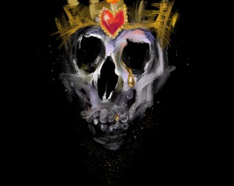 May include: A digital painting of a human skull against a black background. The skull wears a golden crown topped with a flaming red heart. A single golden teardrop falls from the left eye socket. The artist signature Joolz 26 is in gold.